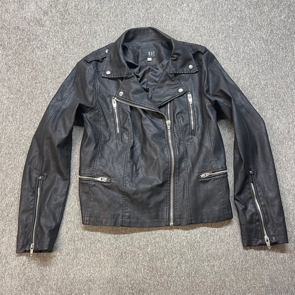 KUT from the Kloth Black Faux Leather Moto Jacket Asymmetrical Zip KJ32501 Large